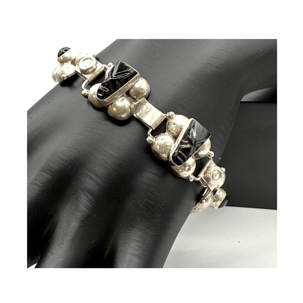 Vintage 925 Sterling Silver Mexico Warrior Onyx Bracelet